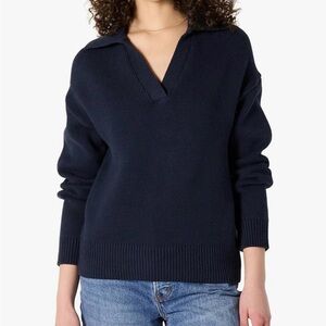 Preppy Women's V-Neck Polo Sweater in Navy Blue Medium 100% Cotton